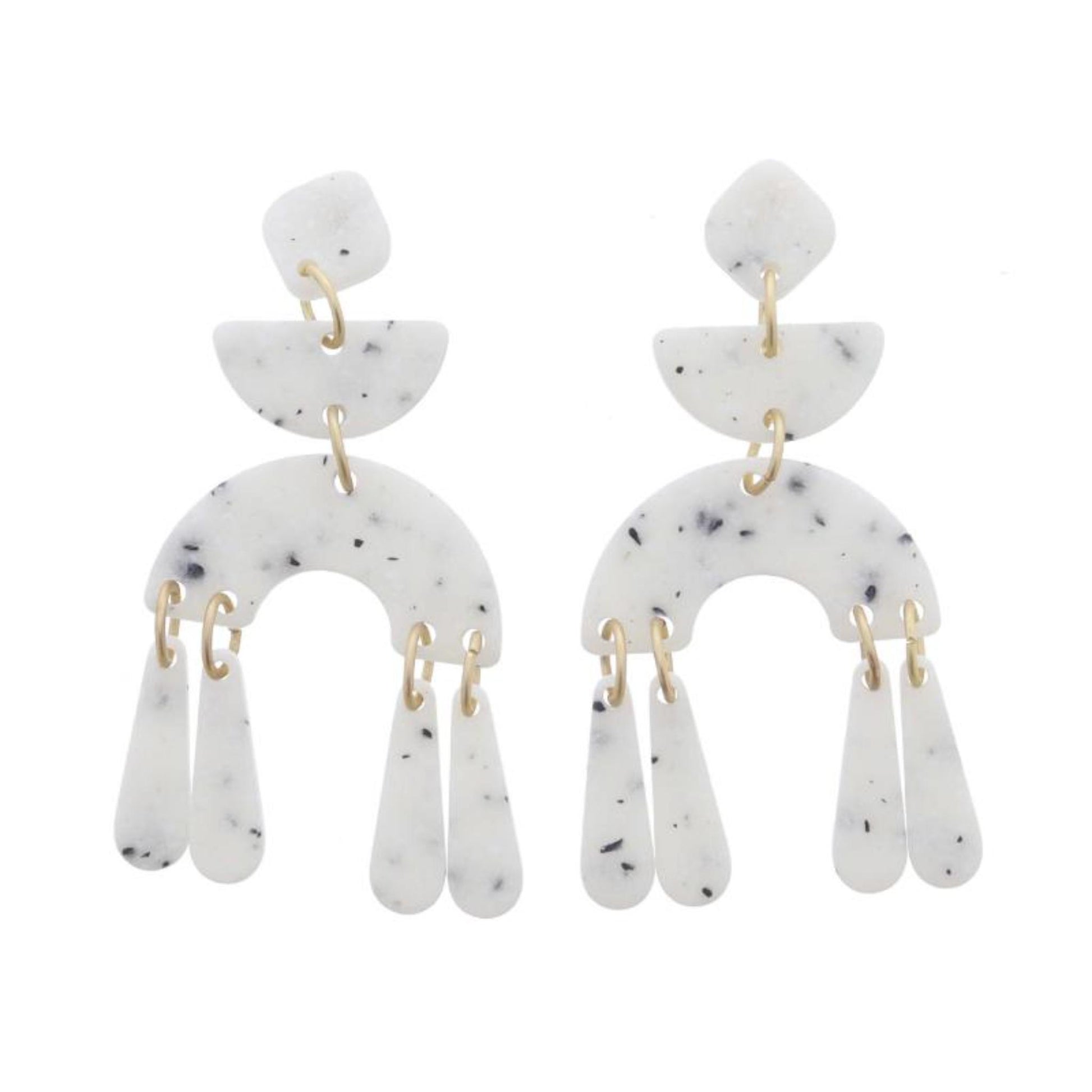 Speckled Diamond Post and Tiered Half Circles with Teardrop Fringe Earrings