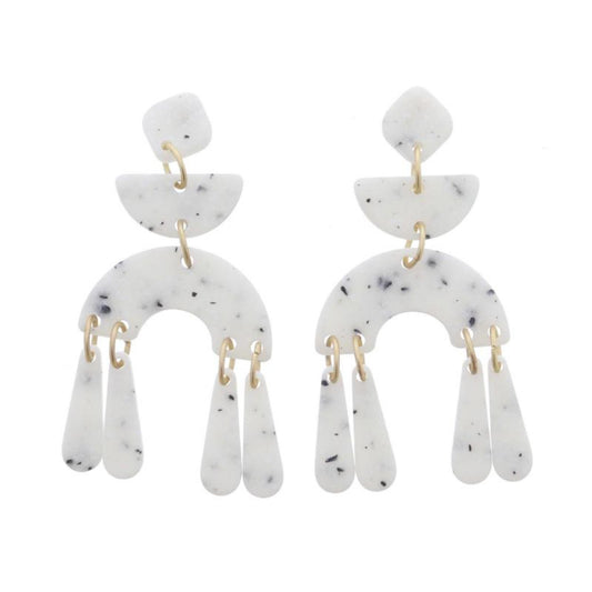 Speckled Diamond Post and Tiered Half Circles with Teardrop Fringe Earrings