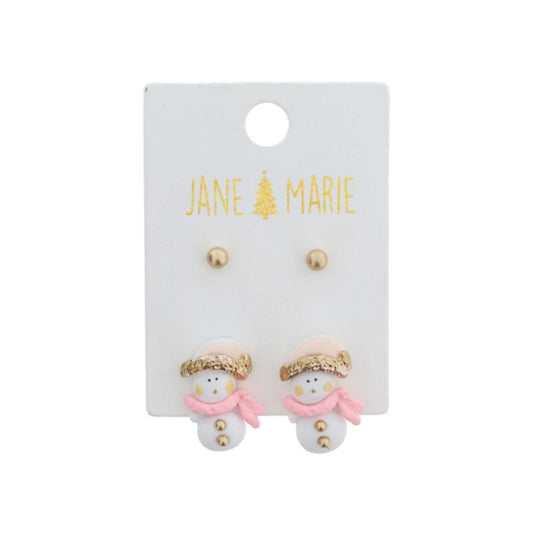 2 Stud Set, Gold Ball, Pink and Gold Accented Snowman Earrings