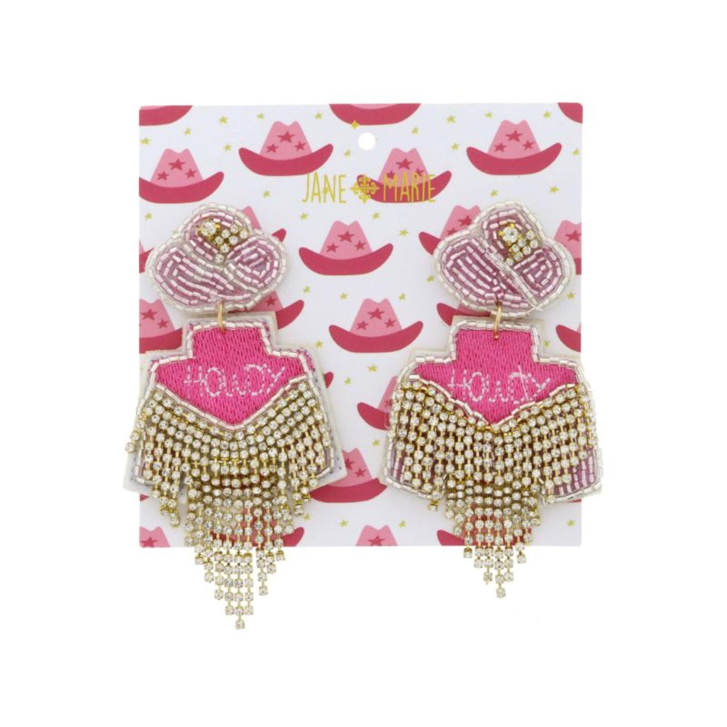 Light Pink and Crystal Bead Cowgirl Hat Post with Pink "HOWDY" Jacket with Crystal Fringe Earrings