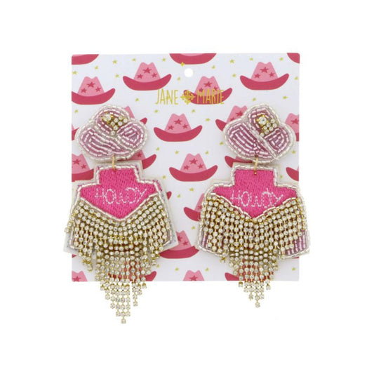 Light Pink and Crystal Bead Cowgirl Hat Post with Pink "HOWDY" Jacket with Crystal Fringe Earrings