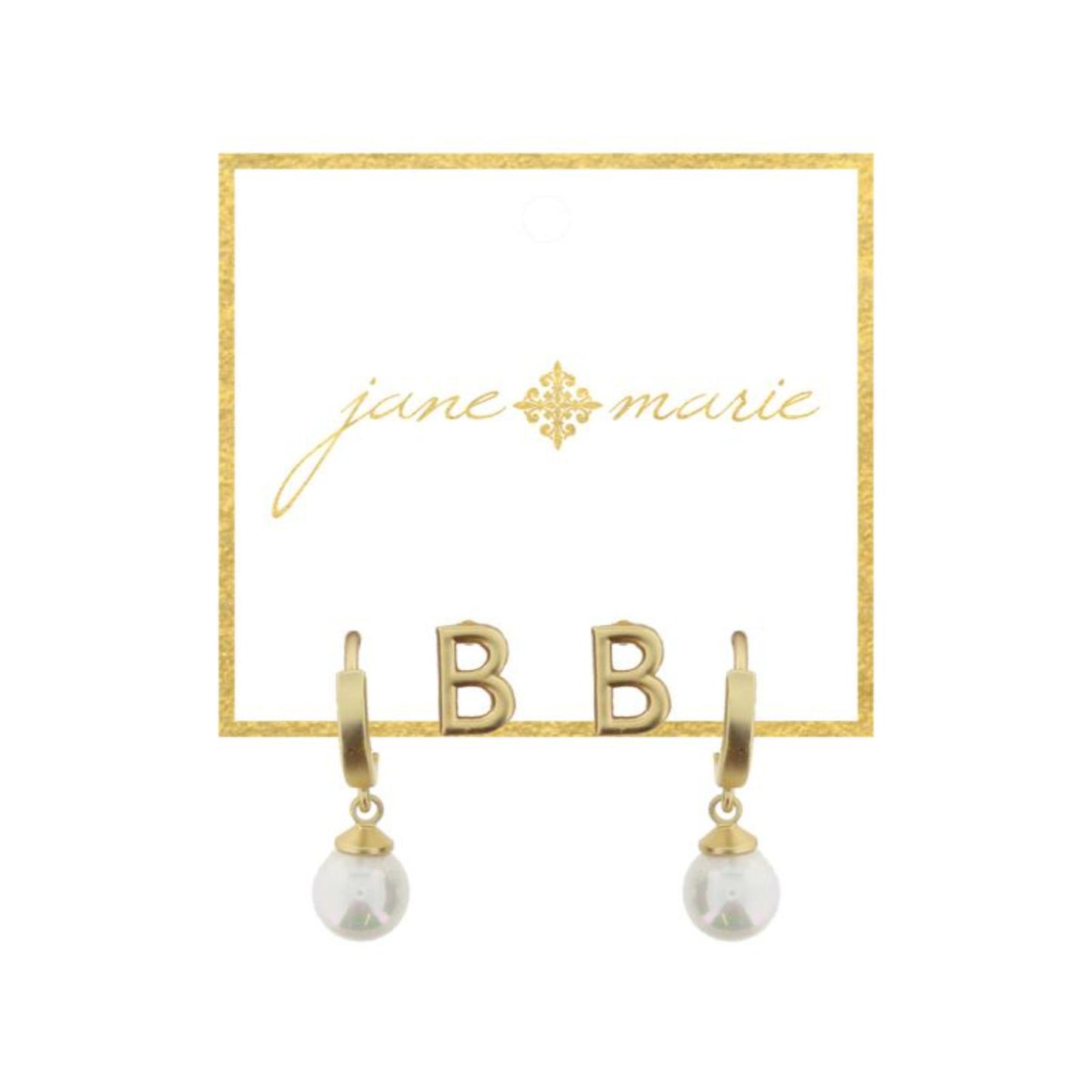 Set of 2, Gold "B" Initial Stud, Gold Huggie with Pearl Dangle Earrings