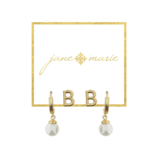 Set of 2, Gold "B" Initial Stud, Gold Huggie with Pearl Dangle Earrings