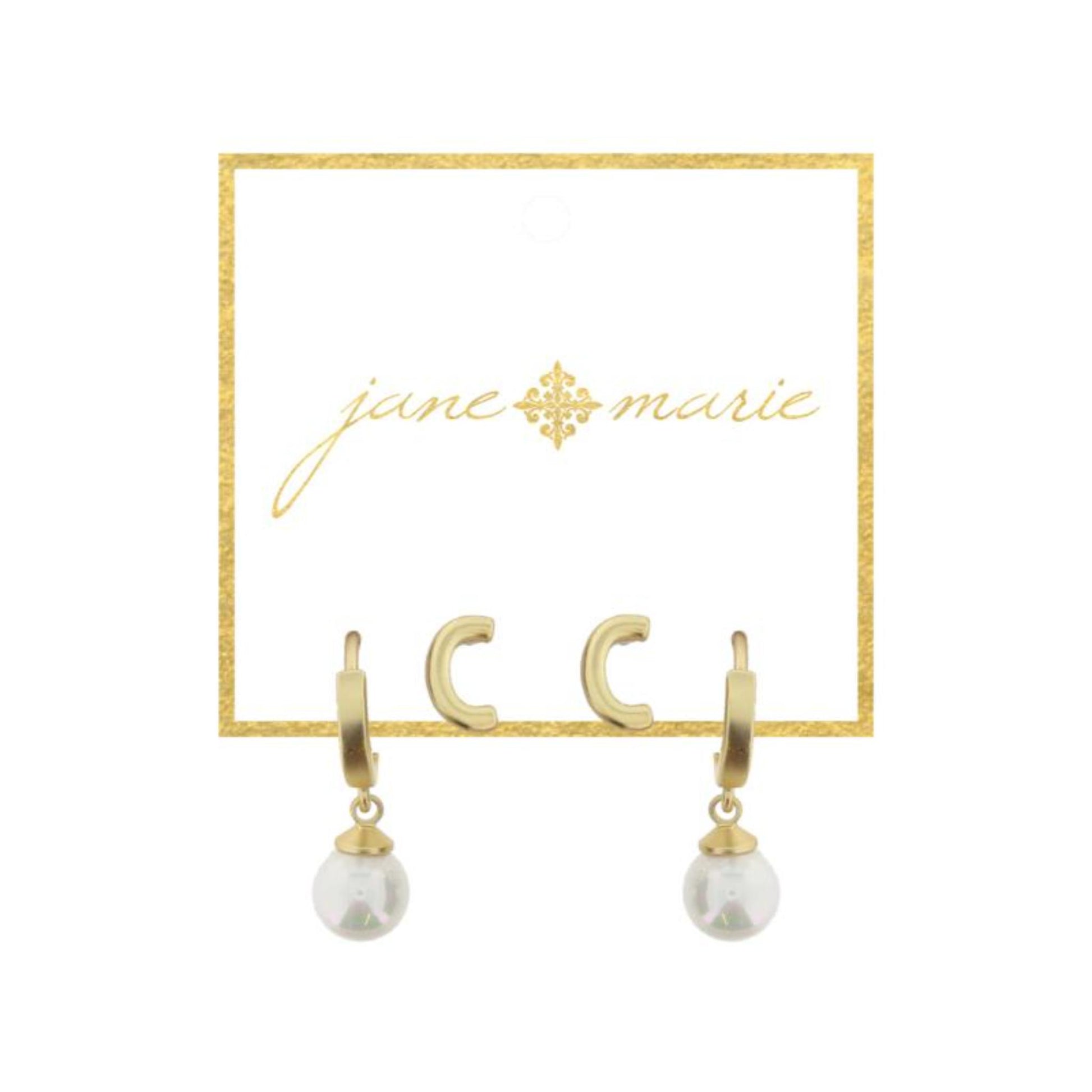 Set of 2, Gold "C" Initial Stud, Gold Huggie with Pearl Dangle Earrings