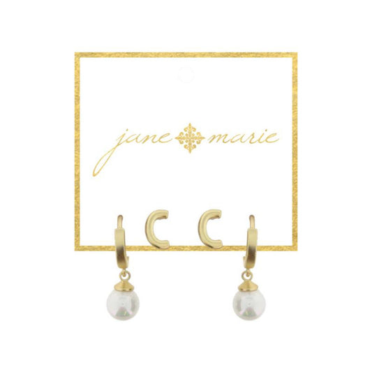 Set of 2, Gold "C" Initial Stud, Gold Huggie with Pearl Dangle Earrings