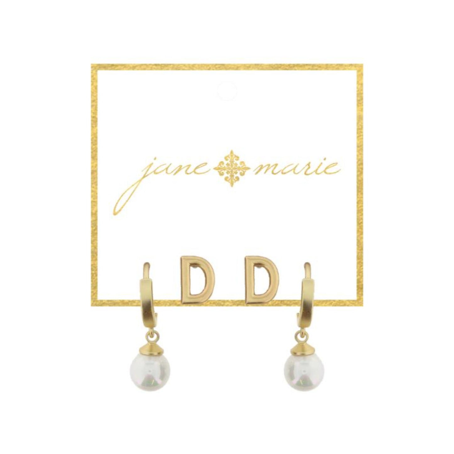 Set of 2, Gold "D" Initial Stud, Gold Huggie with Pearl Dangle Earrings