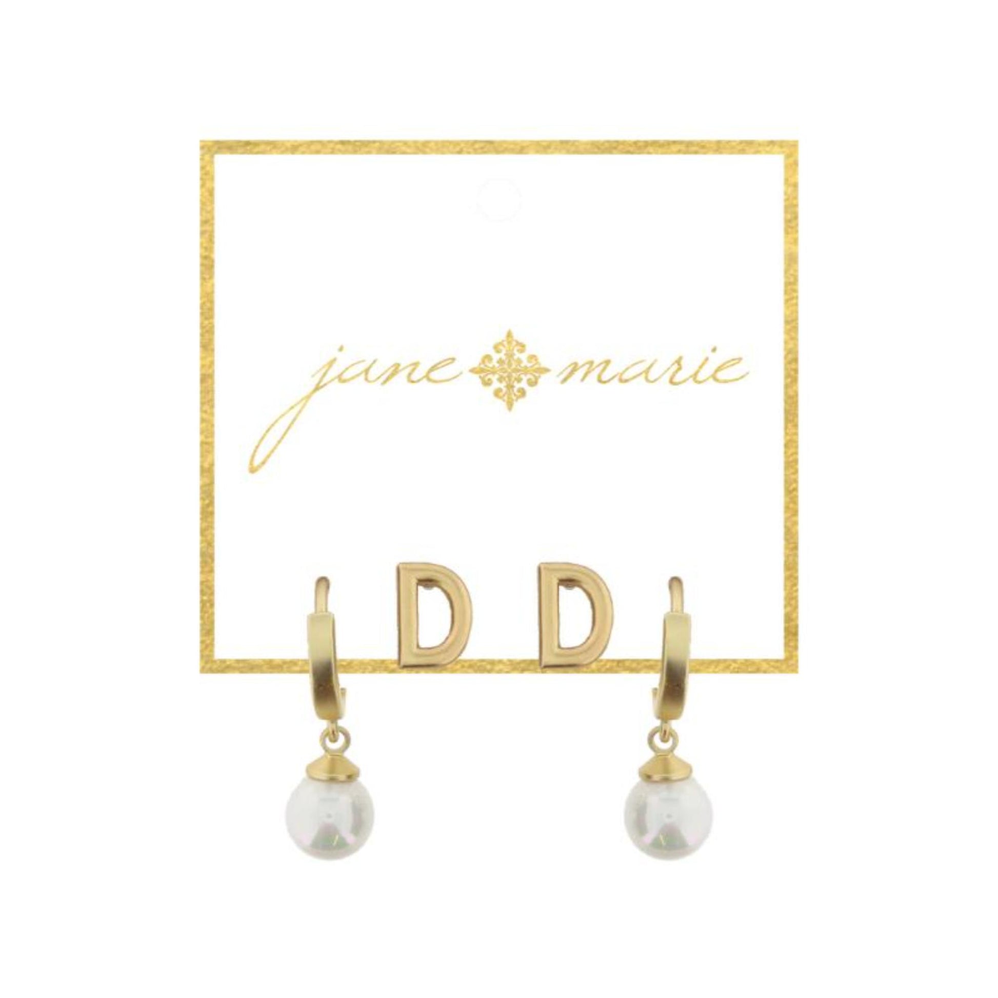 Set of 2, Gold "D" Initial Stud, Gold Huggie with Pearl Dangle Earrings