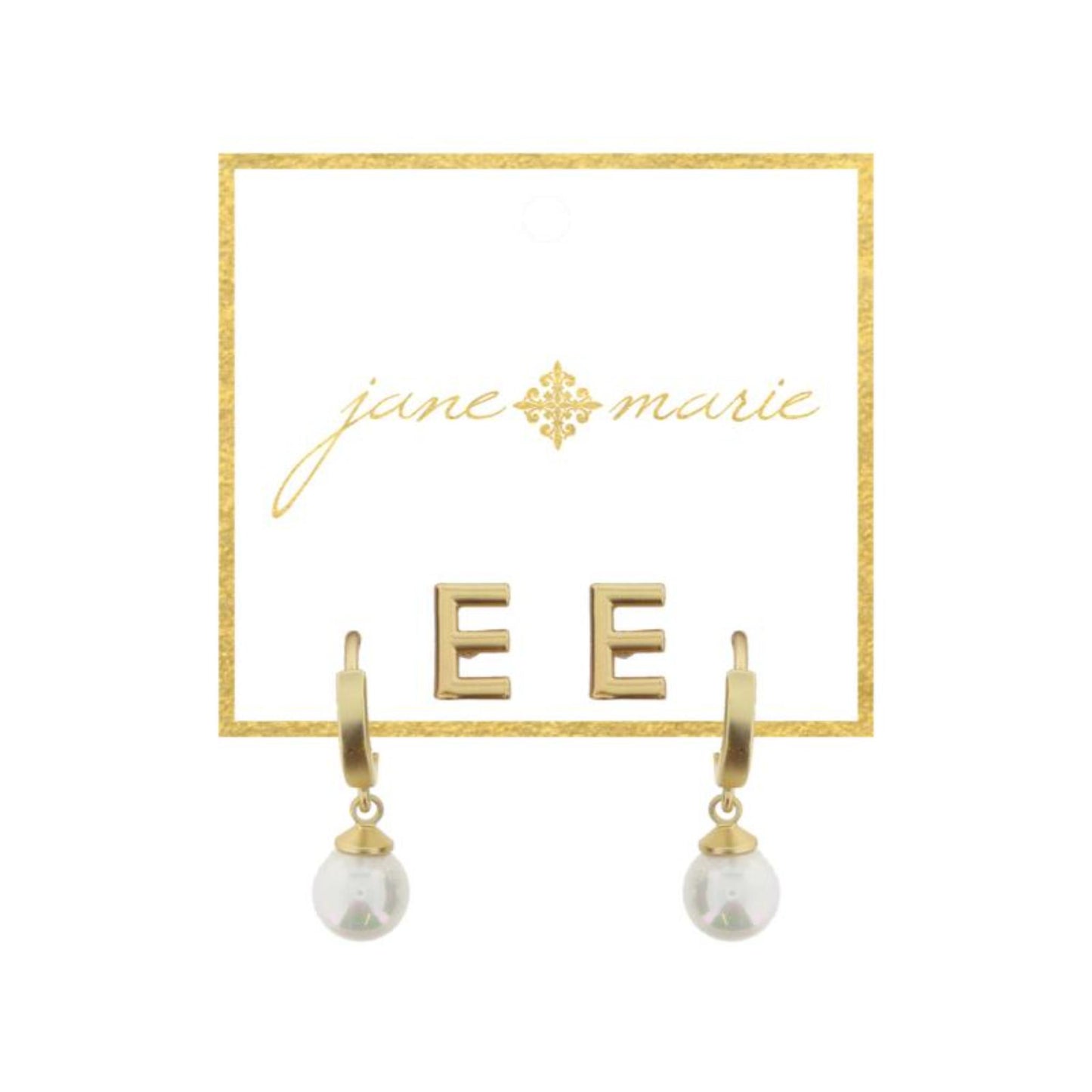 Set of 2, Gold "E" Initial Stud, Gold Huggie with Pearl Dangle Earrings