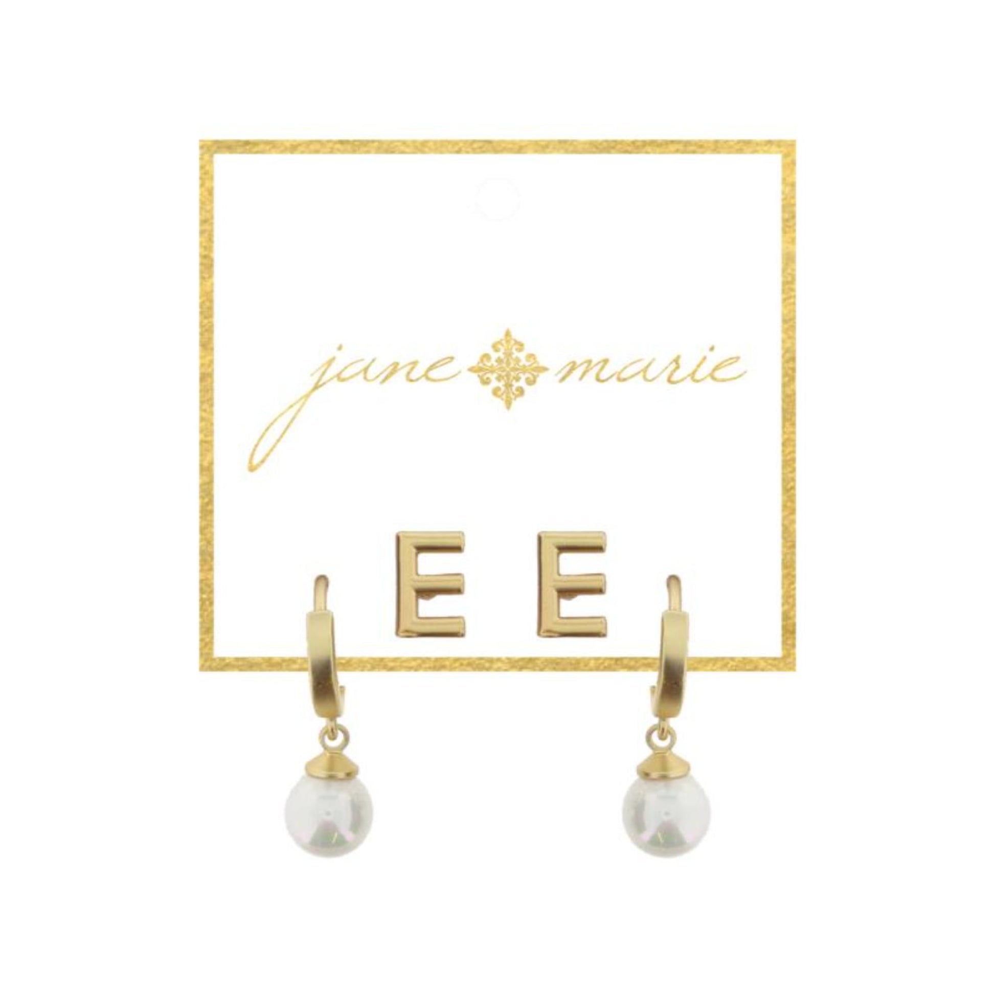 Set of 2, Gold "E" Initial Stud, Gold Huggie with Pearl Dangle Earrings