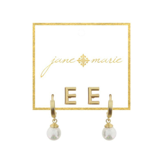 Set of 2, Gold "E" Initial Stud, Gold Huggie with Pearl Dangle Earrings