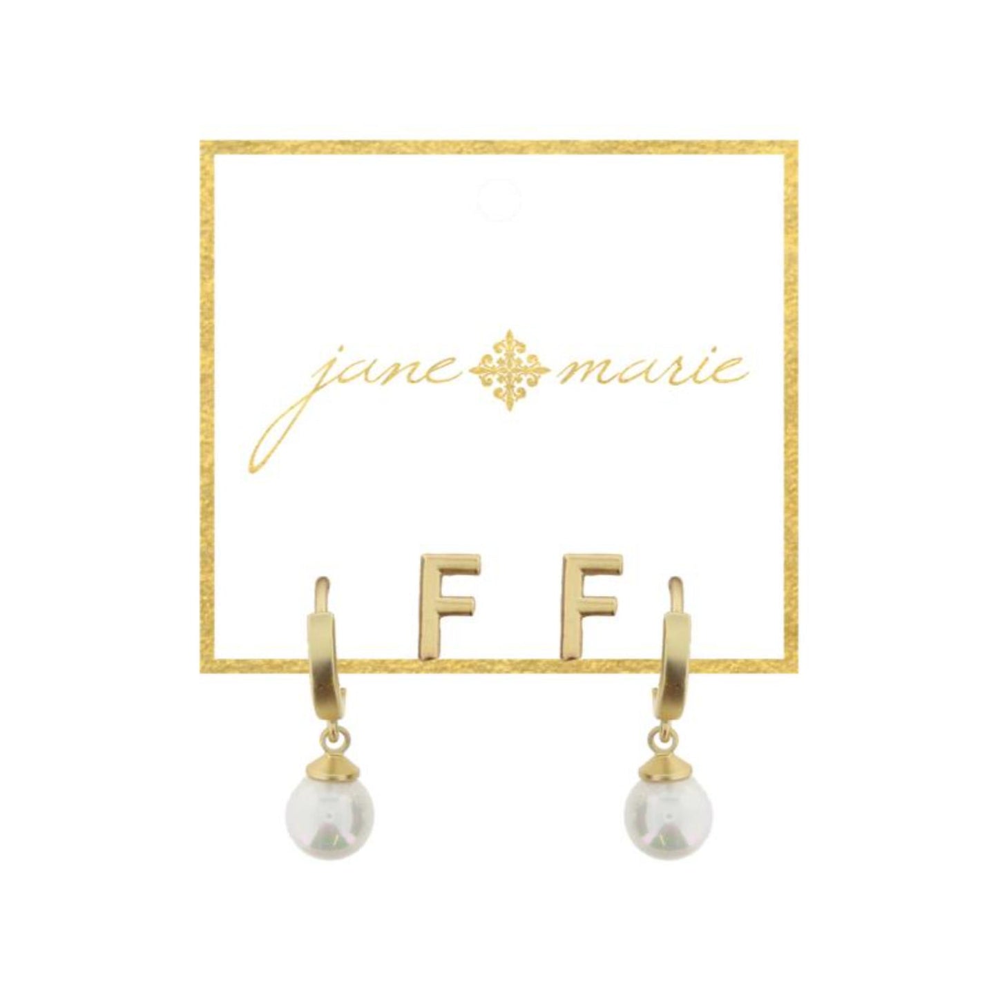 Set of 2, Gold "F" Initial Stud, Gold Huggie with Pearl Dangle Earrings