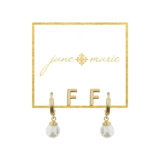 Set of 2, Gold "F" Initial Stud, Gold Huggie with Pearl Dangle Earrings