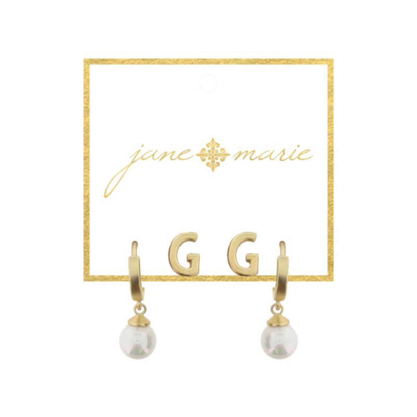 Set of 2, Gold "G" Initial Stud, Gold Huggie with Pearl Dangle Earrings