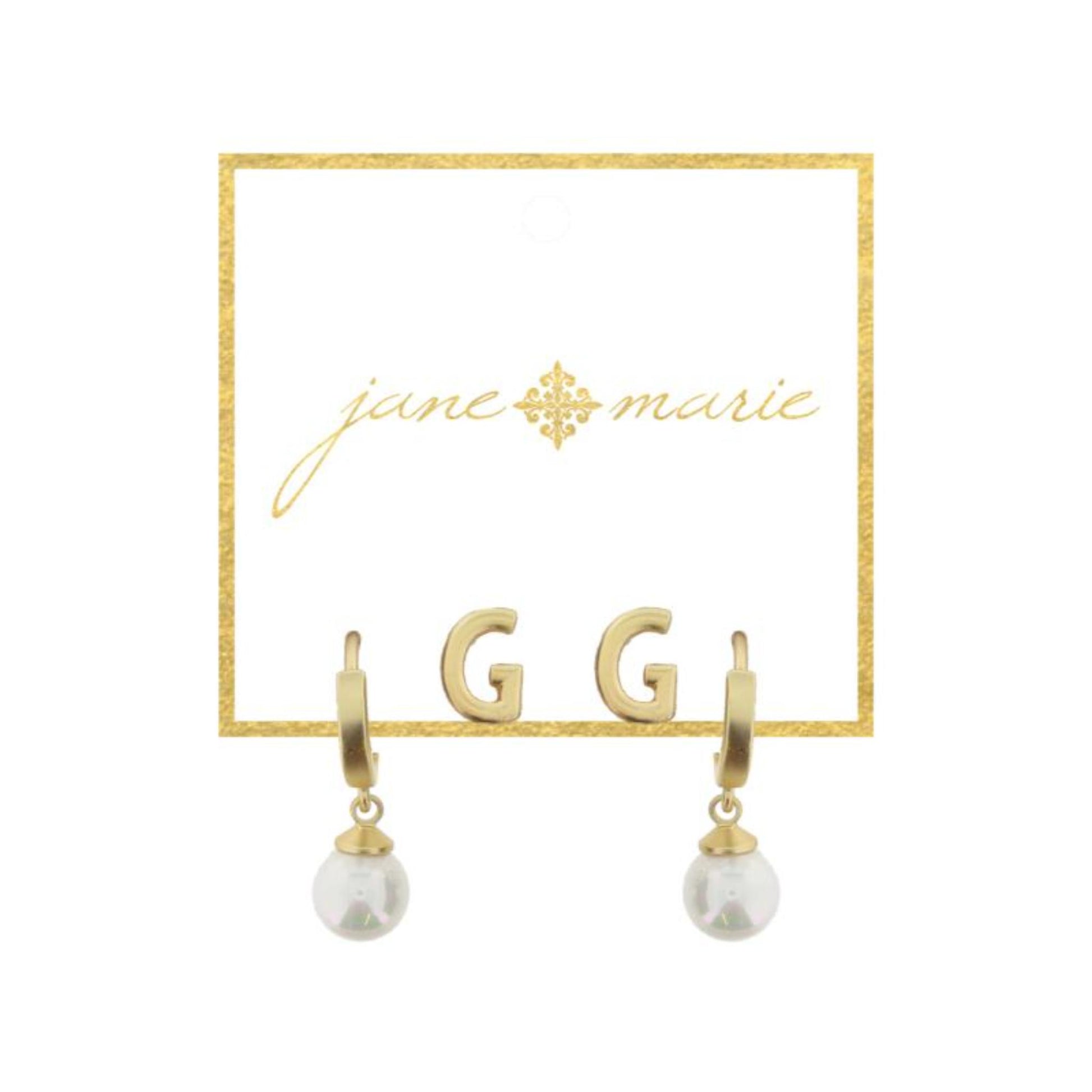 Set of 2, Gold "G" Initial Stud, Gold Huggie with Pearl Dangle Earrings