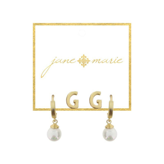 Set of 2, Gold "G" Initial Stud, Gold Huggie with Pearl Dangle Earrings