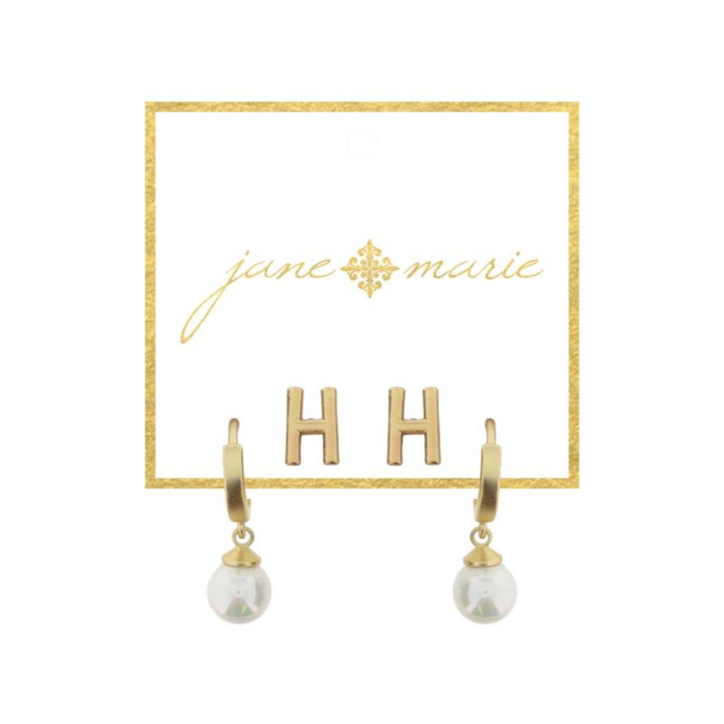 Set of 2, Gold "H" Initial Stud, Gold Huggie with Pearl Dangle Earrings