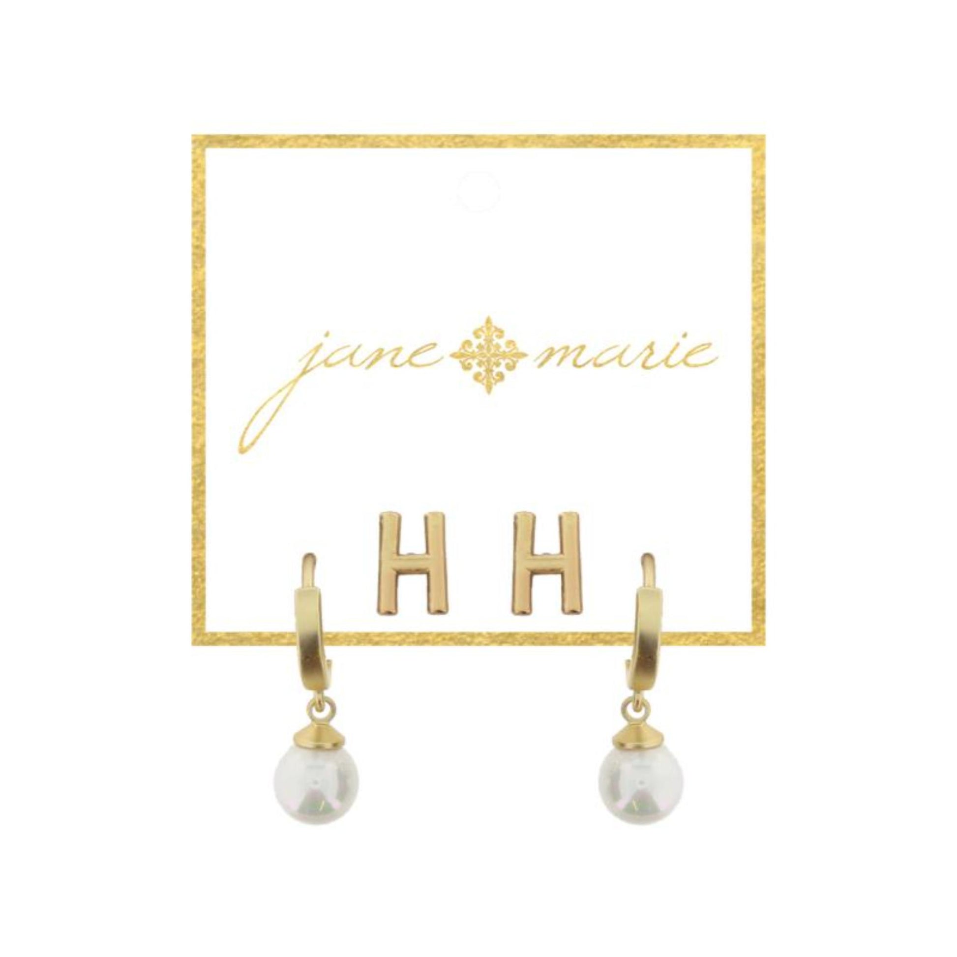 Set of 2, Gold "H" Initial Stud, Gold Huggie with Pearl Dangle Earrings