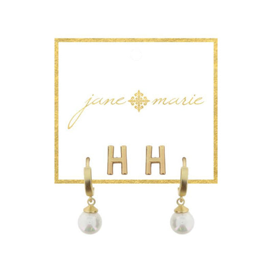 Set of 2, Gold "H" Initial Stud, Gold Huggie with Pearl Dangle Earrings