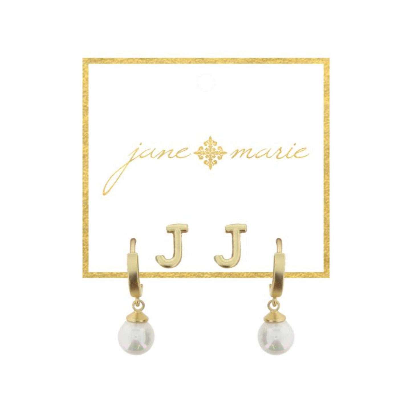 Set of 2, Gold "J" Initial Stud, Gold Huggie with Pearl Dangle Earrings
