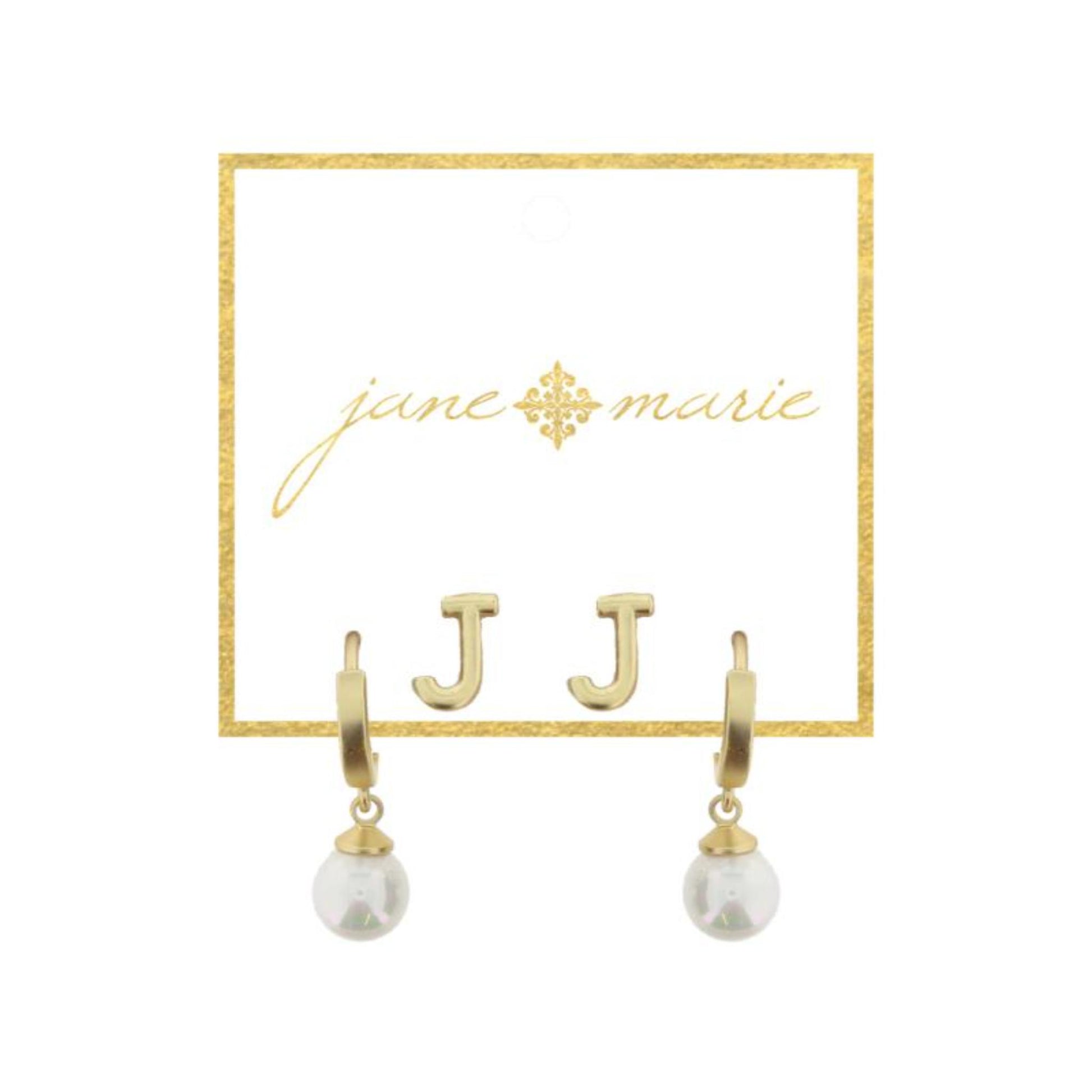 Set of 2, Gold "J" Initial Stud, Gold Huggie with Pearl Dangle Earrings