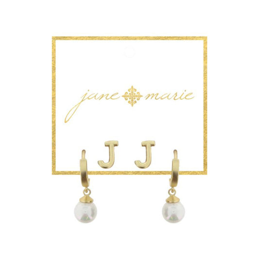 Set of 2, Gold "J" Initial Stud, Gold Huggie with Pearl Dangle Earrings