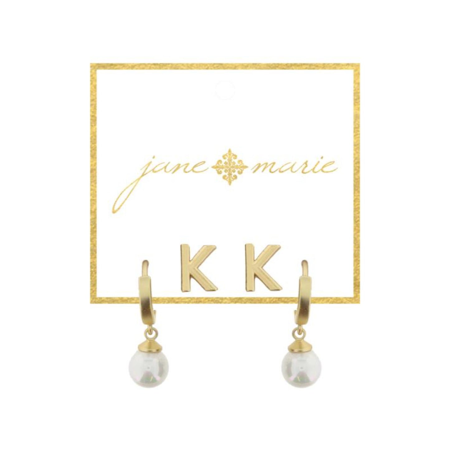 Set of 2, Gold "K" Initial Stud, Gold Huggie with Pearl Dangle Earrings