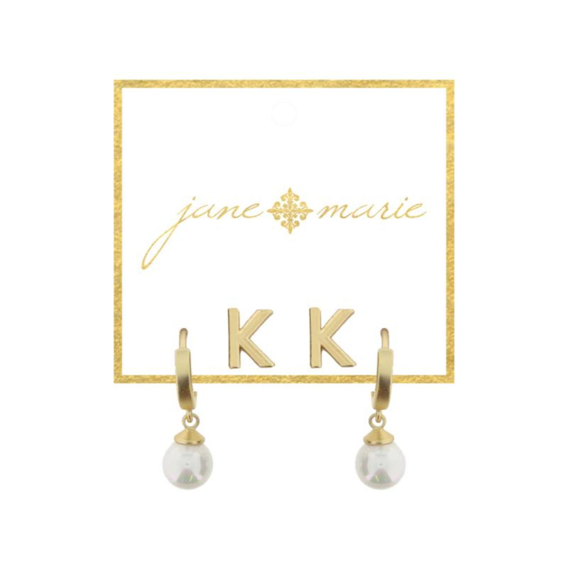 Set of 2, Gold "K" Initial Stud, Gold Huggie with Pearl Dangle Earrings