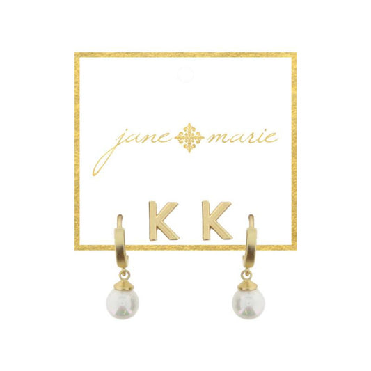 Set of 2, Gold "K" Initial Stud, Gold Huggie with Pearl Dangle Earrings