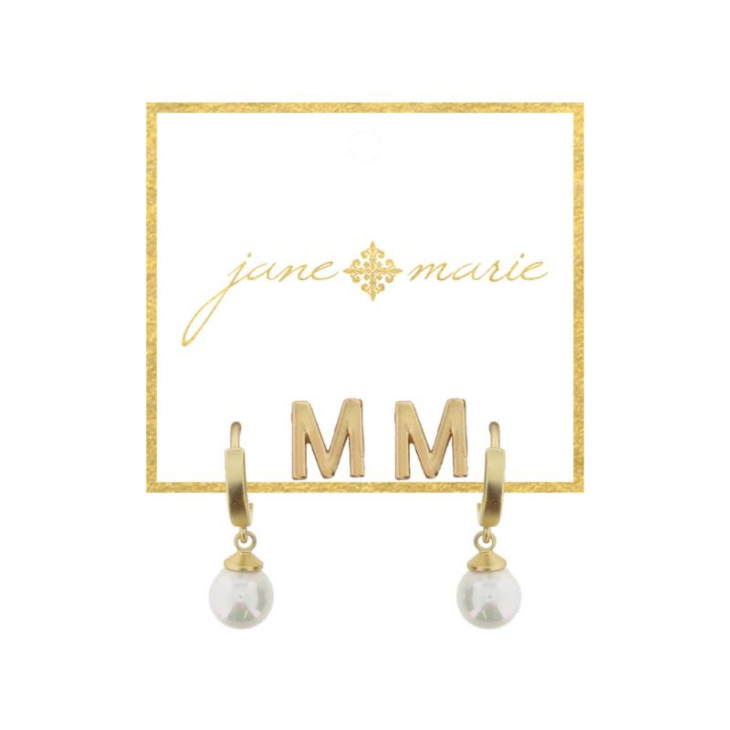 Set of 2, Gold "M" Initial Stud, Gold Huggie with Pearl Dangle Earrings