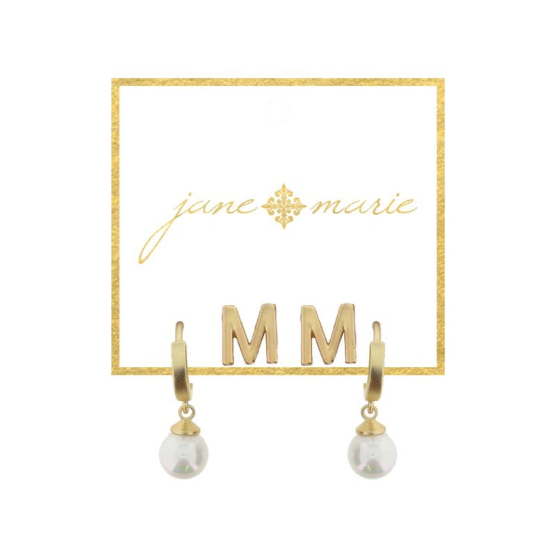 Set of 2, Gold "M" Initial Stud, Gold Huggie with Pearl Dangle Earrings