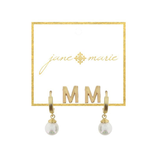 Set of 2, Gold "M" Initial Stud, Gold Huggie with Pearl Dangle Earrings