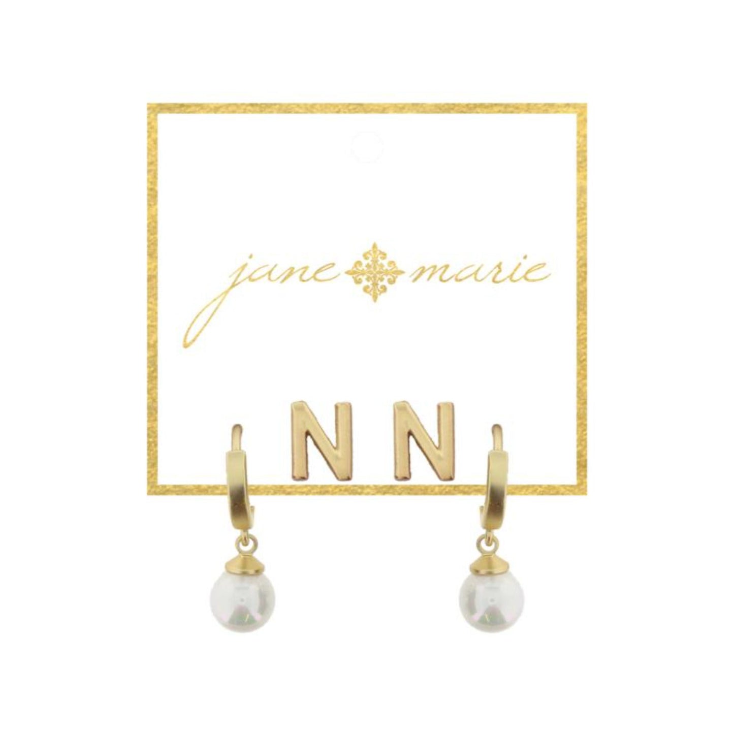 Set of 2, Gold "N" Initial Stud, Gold Huggie with Pearl Dangle Earrings