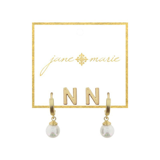 Set of 2, Gold "N" Initial Stud, Gold Huggie with Pearl Dangle Earrings