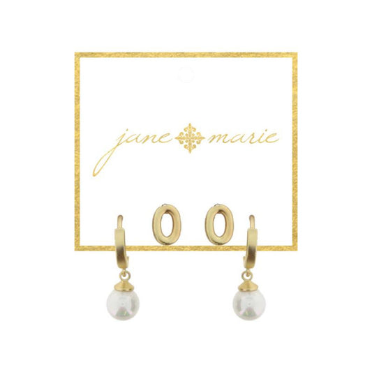 Set of 2, Gold "O" Initial Stud, Gold Huggie with Pearl Dangle Earrings