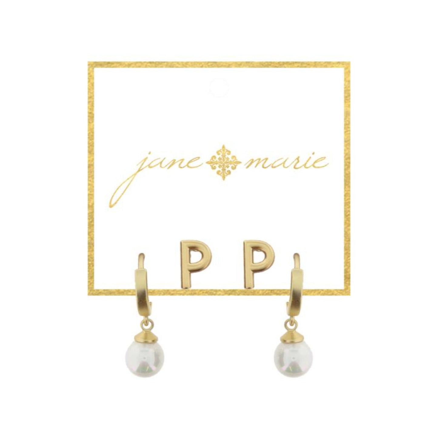 Set of 2, Gold "P" Initial Stud, Gold Huggie with Pearl Dangle Earrings