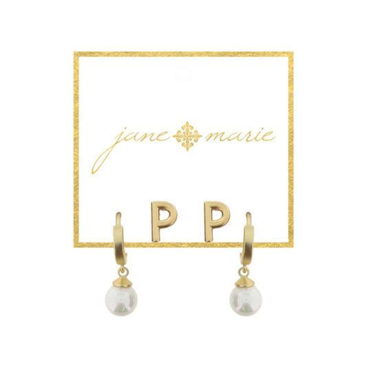 Set of 2, Gold "P" Initial Stud, Gold Huggie with Pearl Dangle Earrings