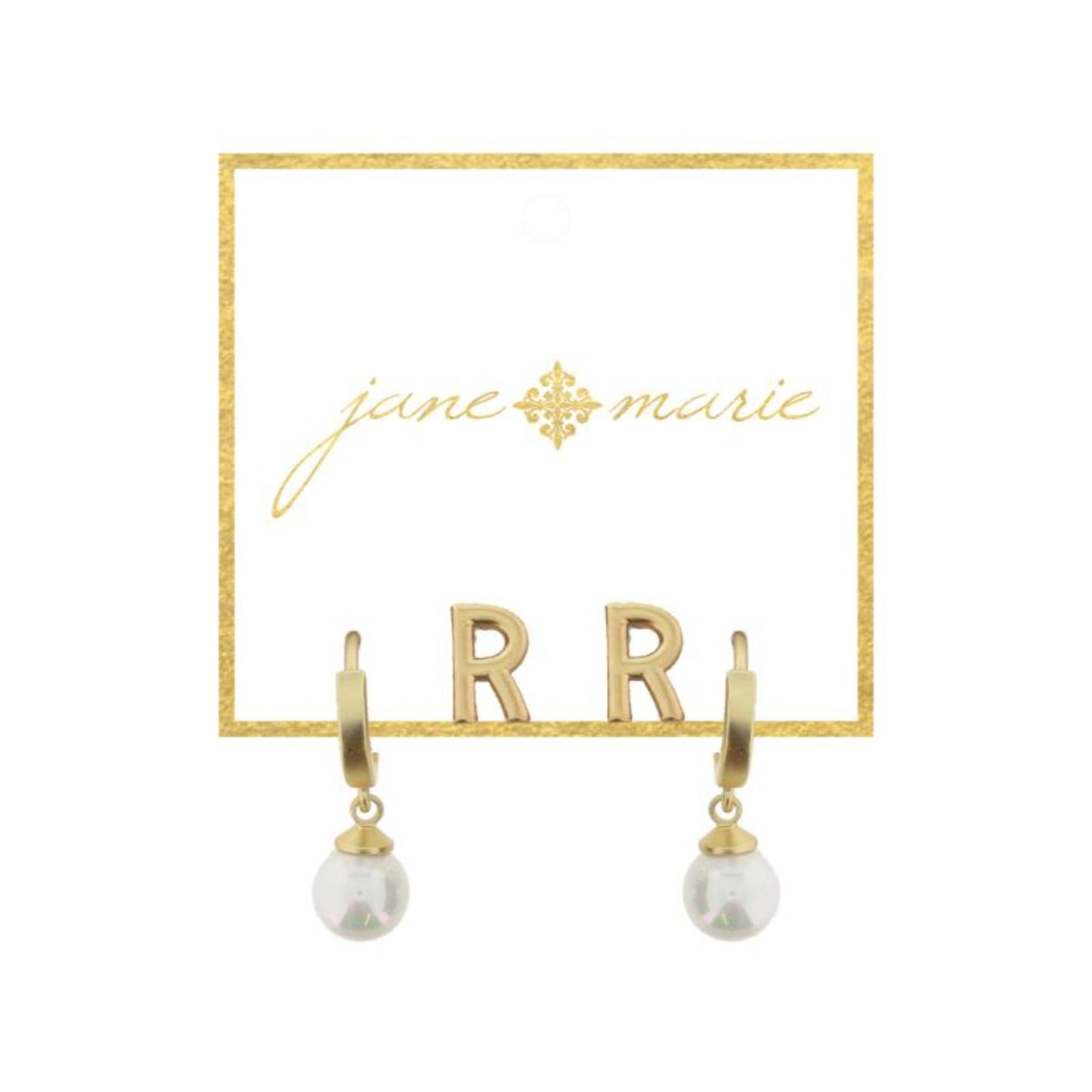 Set of 2, Gold "R" Initial Stud, Gold Huggie with Pearl Dangle Earrings