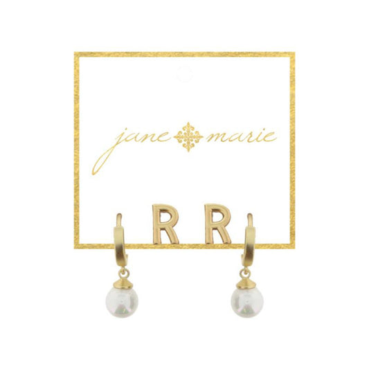 Set of 2, Gold "R" Initial Stud, Gold Huggie with Pearl Dangle Earrings