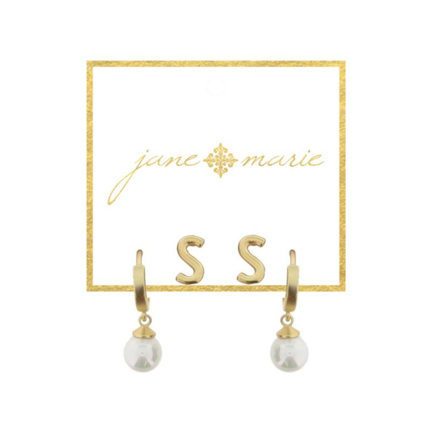 Set of 2, Gold "S" Initial Stud, Gold Huggie with Pearl Dangle Earrings