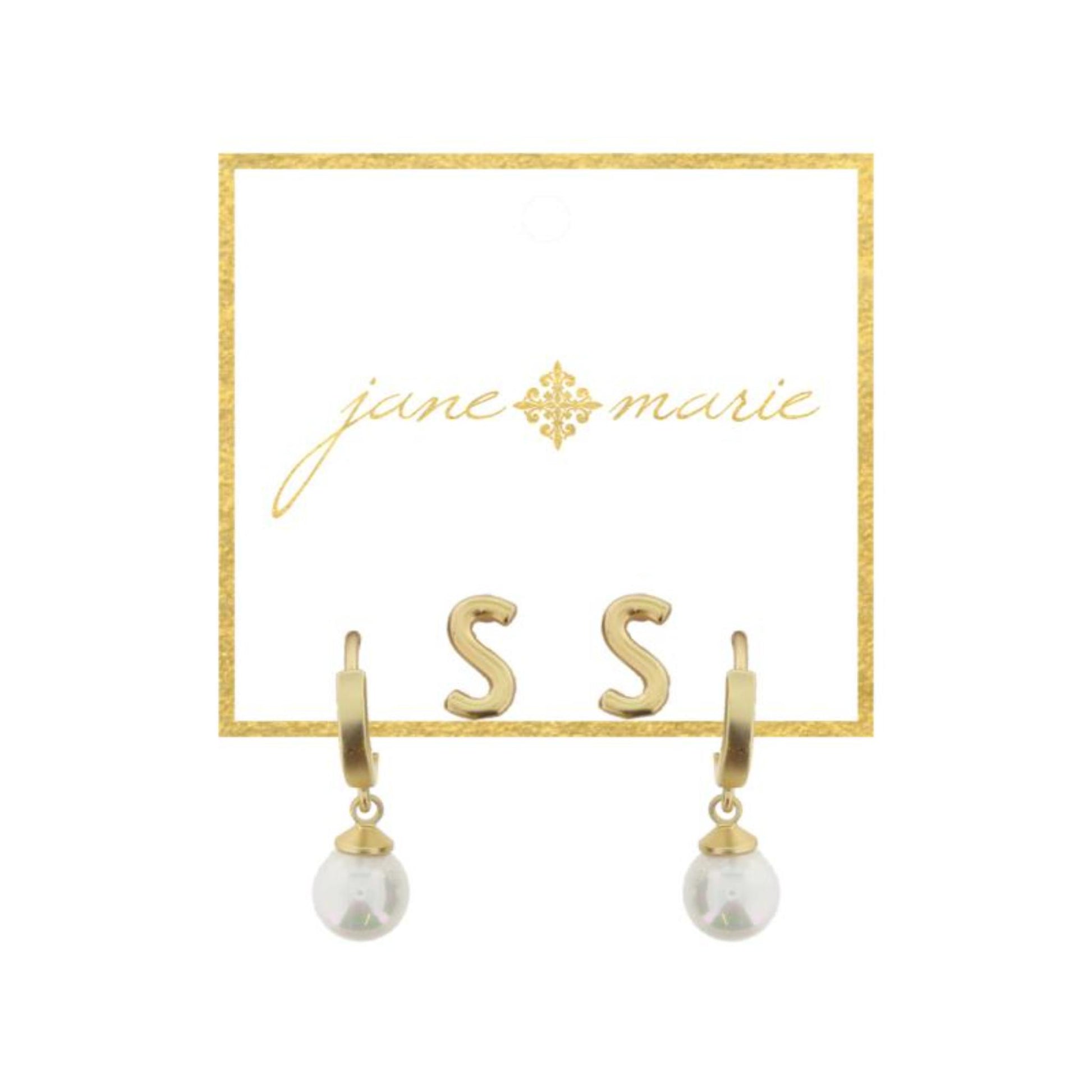Set of 2, Gold "S" Initial Stud, Gold Huggie with Pearl Dangle Earrings