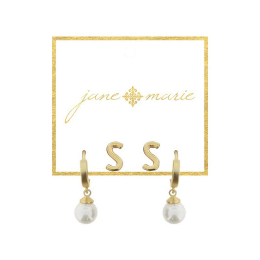 Set of 2, Gold "S" Initial Stud, Gold Huggie with Pearl Dangle Earrings