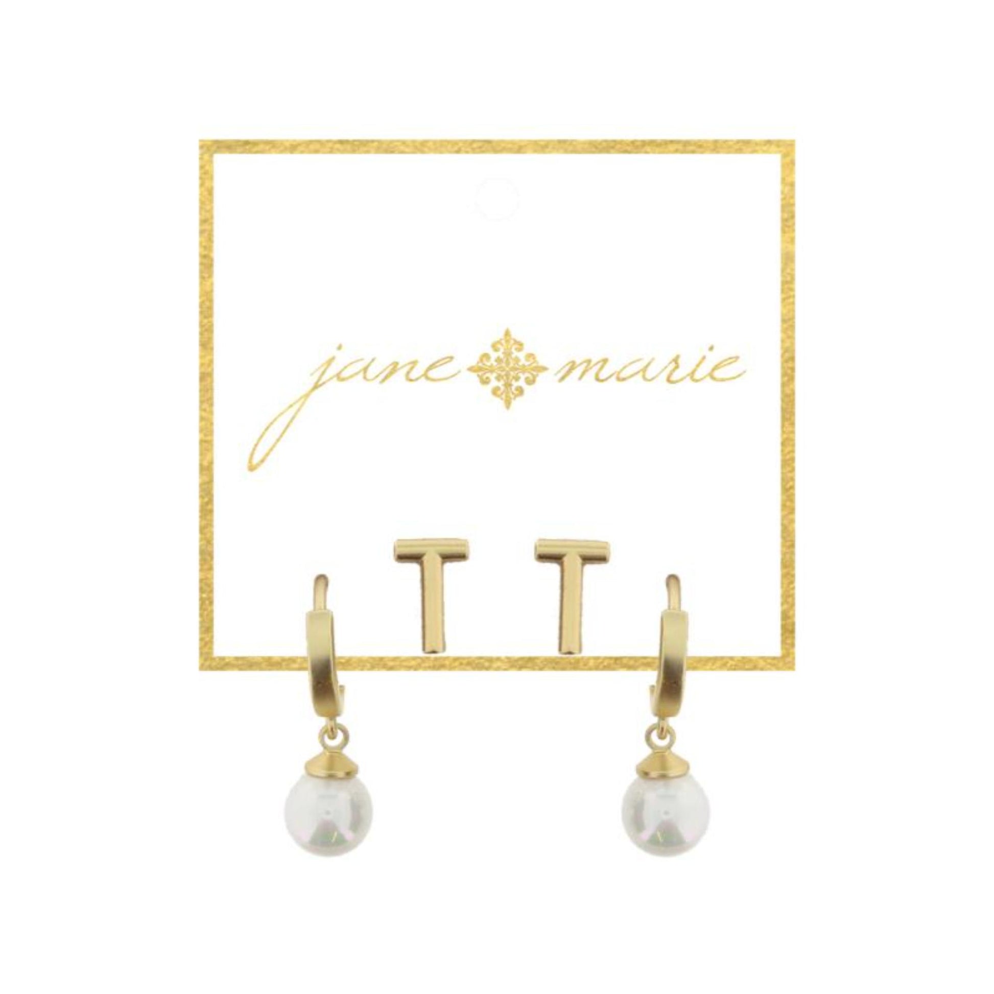 Set of 2, Gold "T" Initial Stud, Gold Huggie with Pearl Dangle Earrings