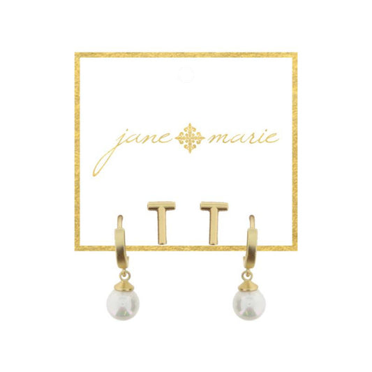 Set of 2, Gold "T" Initial Stud, Gold Huggie with Pearl Dangle Earrings