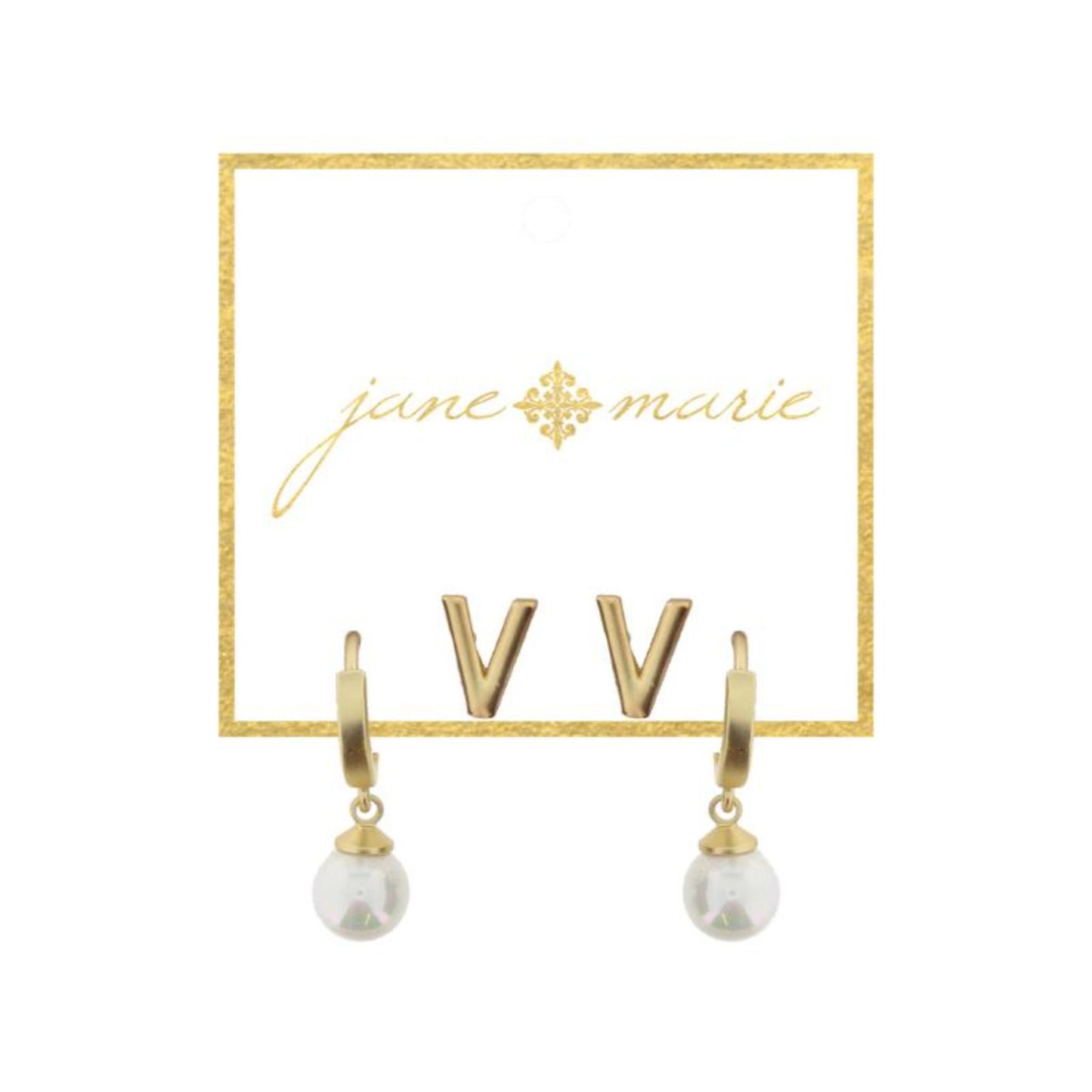 Set of 2, Gold "V" Initial Stud, Gold Huggie with Pearl Dangle Earrings