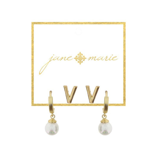 Set of 2, Gold "V" Initial Stud, Gold Huggie with Pearl Dangle Earrings