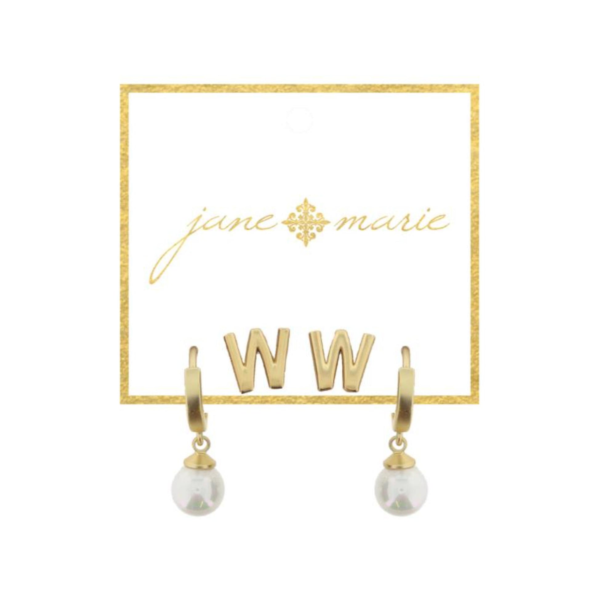 Set of 2, Gold "W" Initial Stud, Gold Huggie with Pearl Dangle Earrings