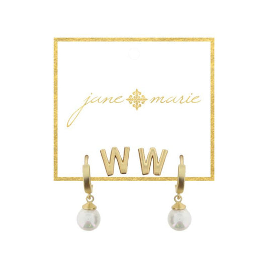 Set of 2, Gold "W" Initial Stud, Gold Huggie with Pearl Dangle Earrings