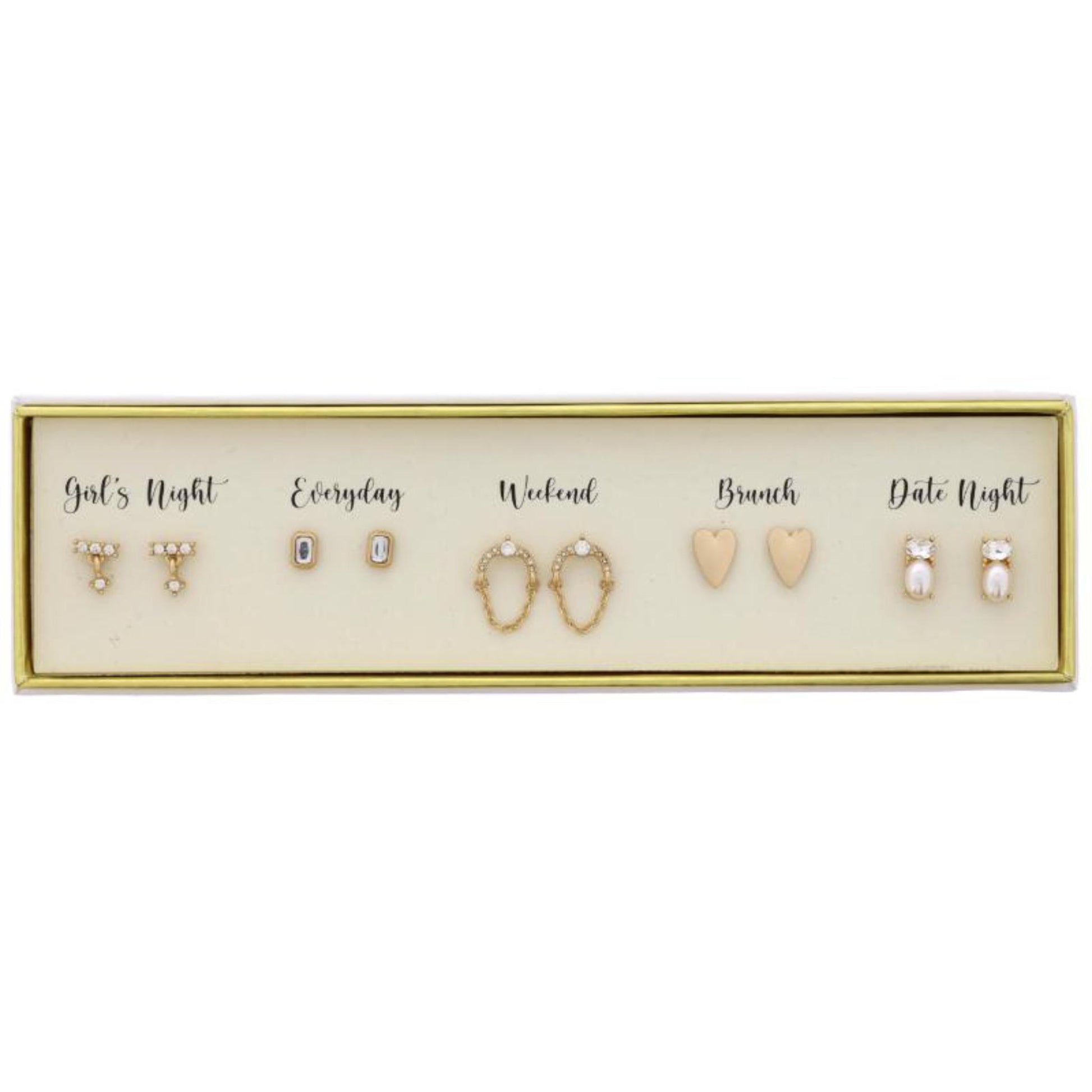 Boxed 6 Earring Set, Bar with Drop, Rectangle Crystal, Arch & Chain Dangle, Heart, Crystal & Pearl