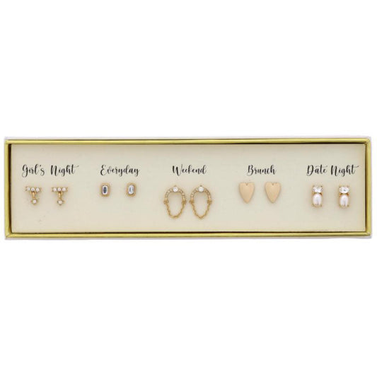 Boxed 6 Earring Set, Bar with Drop, Rectangle Crystal, Arch & Chain Dangle, Heart, Crystal & Pearl