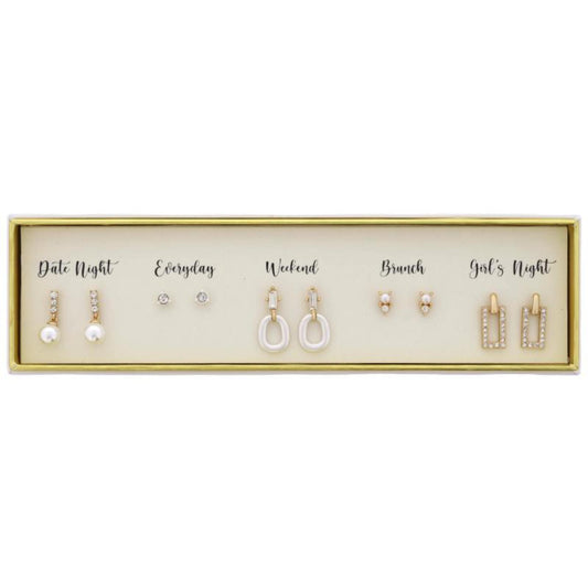 Boxed 6 Earring Set, Pearl Dangle, Claw Prong Crystal, Oval Loop, Pearl & Crystal, Latch Crystal